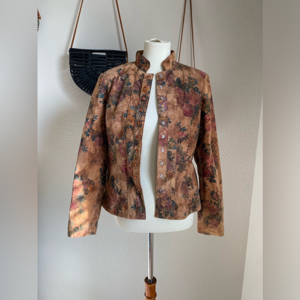 Vintage VS2 Brown Floral Rose Suede Leather Jacket, Size Medium